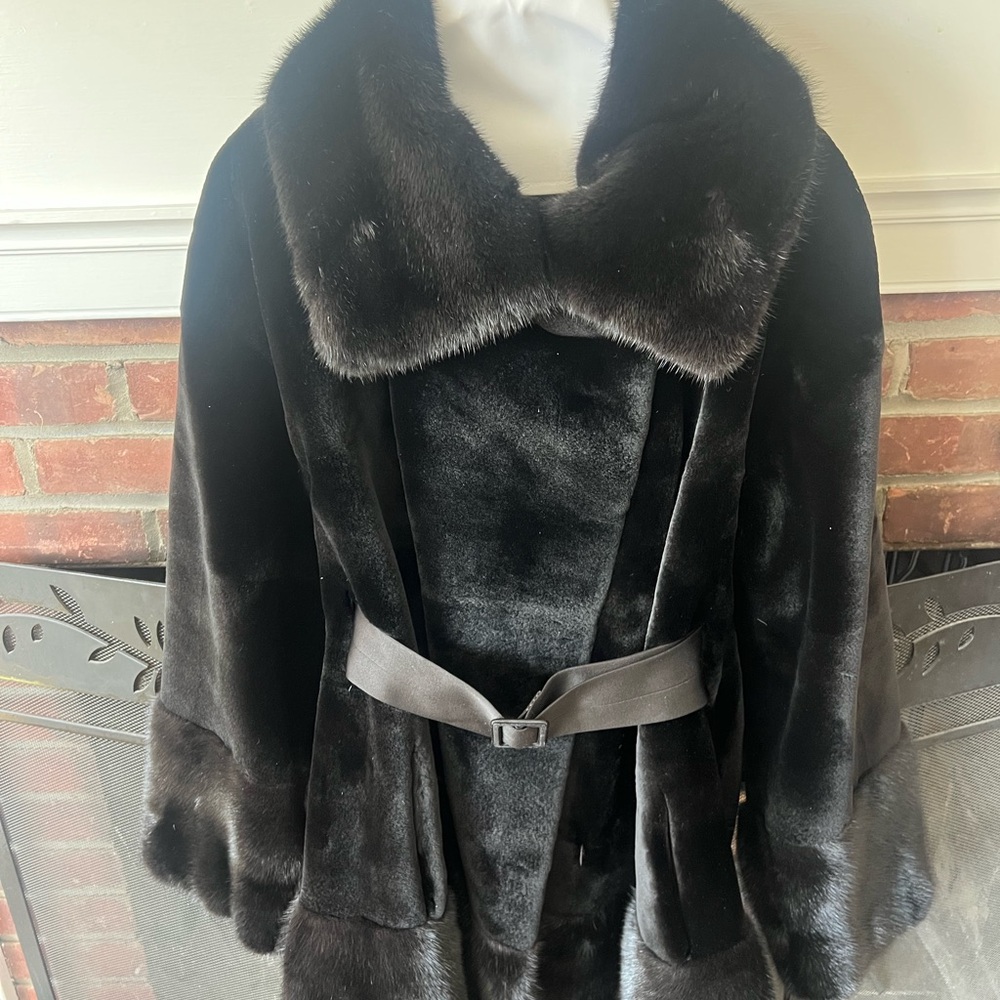 J. Mendel Black Fur Coat with Satin Belt